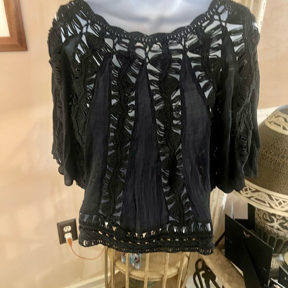 IT GIRL Vintage Bohemian Black Lace Crochet Blouse Bat Wing Sleeve Top S - Picture 5 of 14